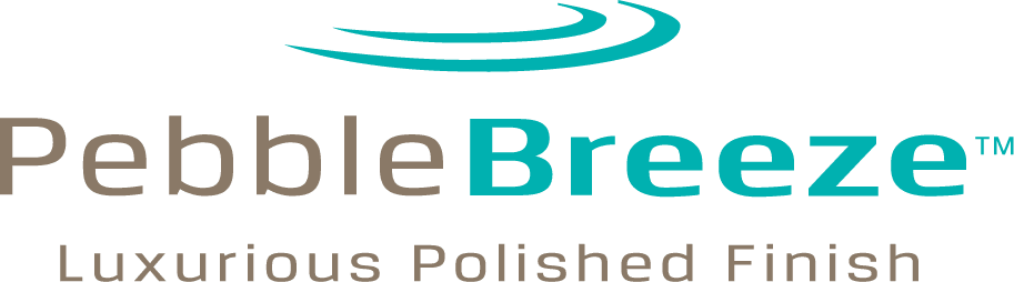 Logo of PebbleBreeze with the text "Luxurious Polished Finish" below it. The logo features curved lines above the word "Breeze.