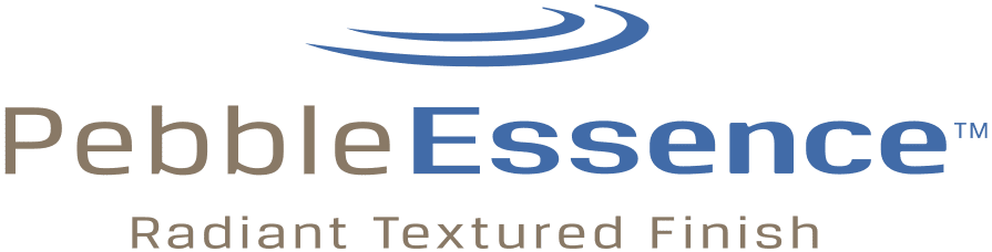 Logo of PebbleEssence with the text "PebbleEssence Radiant Textured Finish" and a blue curved line motif above it.