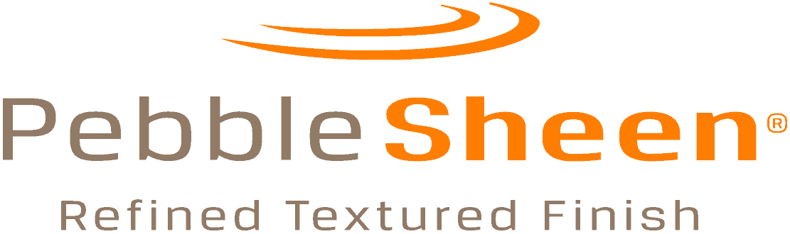 Logo of Pebble Sheen featuring the text "Pebble Sheen Refined Textured Finish" with an orange swirl above the text.