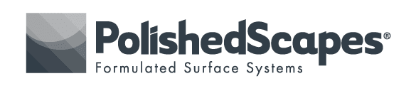 A logo with the text "PolishedScapes® Formulated Surface Systems" next to a graphic icon of overlapping, curved, rectangular shapes in varying shades of gray.