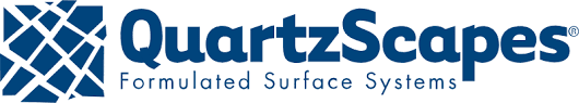 Logo of QuartzScapes featuring text "QuartzScapes Formulated Surface Systems" in blue beside a geometric pattern of interlocking blue shapes.