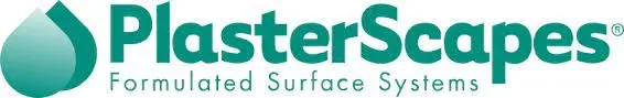 Logo of PlasterScapes, featuring a teal water drop icon to the left of the company name "PlasterScapes" in bold font, with the tagline "Formulated Surface Systems" below.